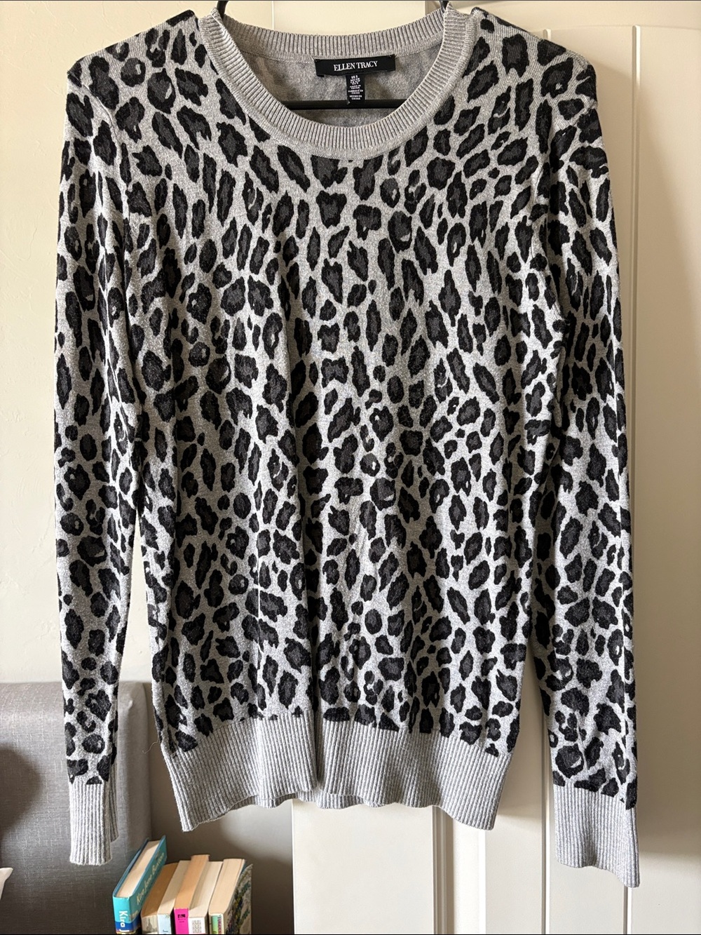 Ellen Tracy Gray and Black Leopard Crewneck Sweater